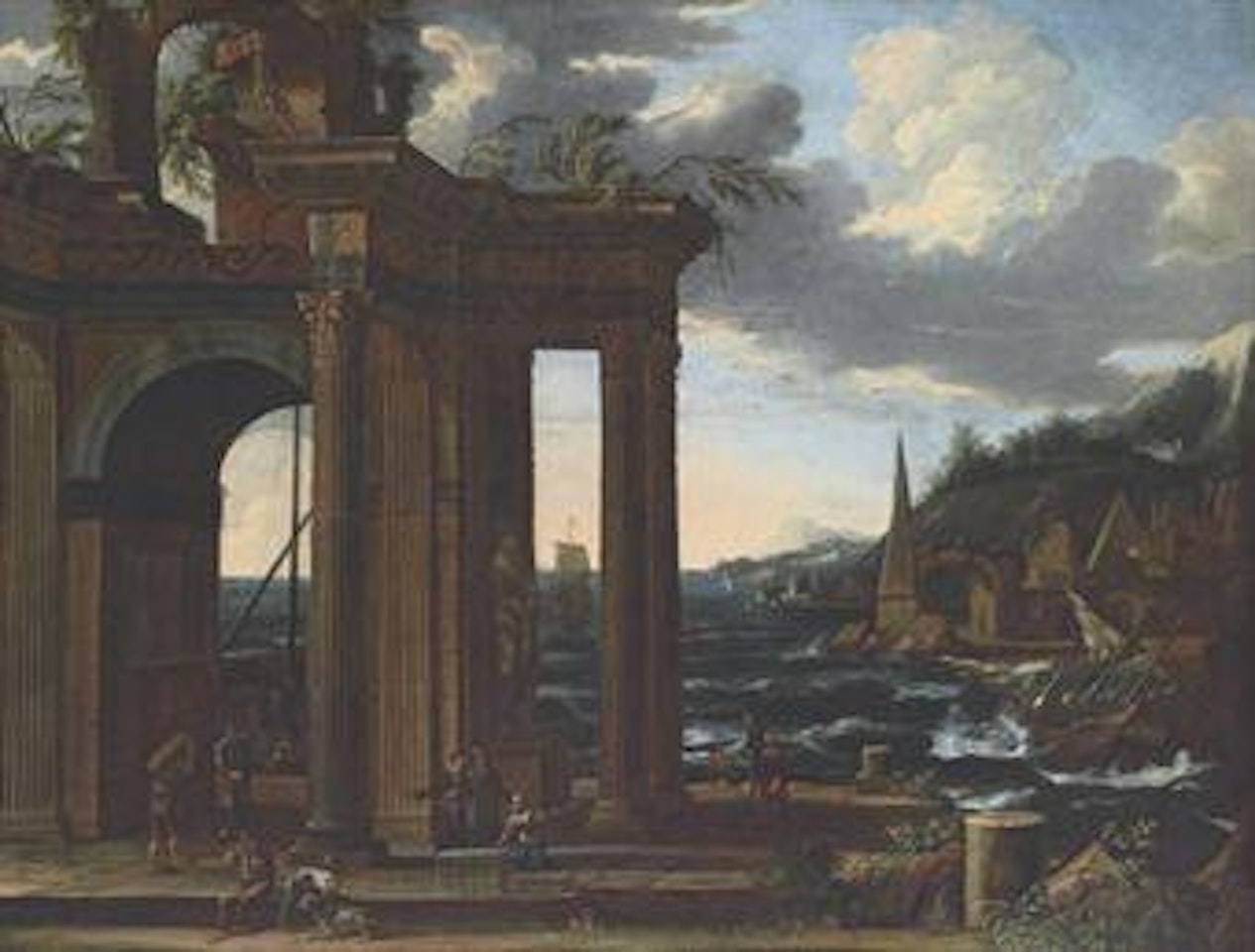 A coastal landscape with figures amongst classical ruins by Roman School