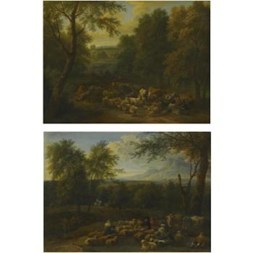 An Italianate Landscape With Peasants Seated By Their Herd In The Foreground; An Italianate Landscape With Travellers On A Path And A Herd Resting In The Foreground by Adriaen Frans Boudewyns by Pieter Bout