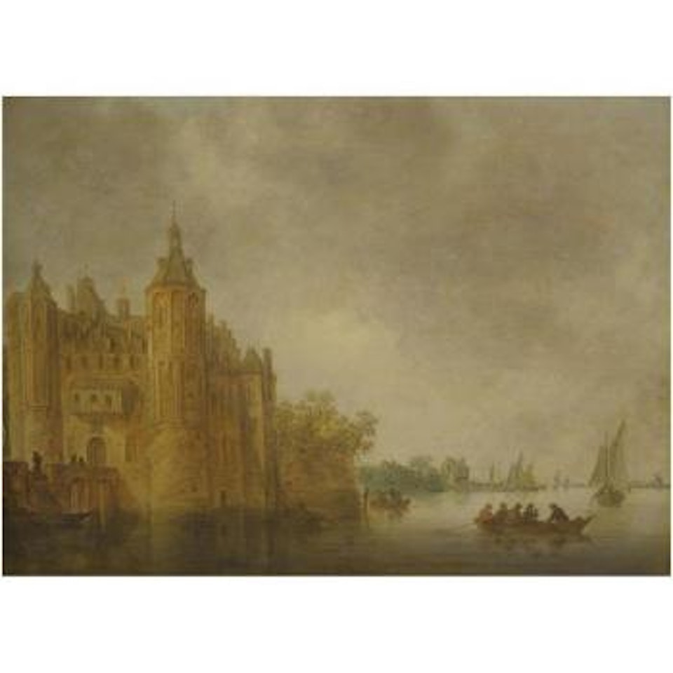 Figures In A Rowing Boat On A Wide River Before A Large Castle by Jan van Goyen