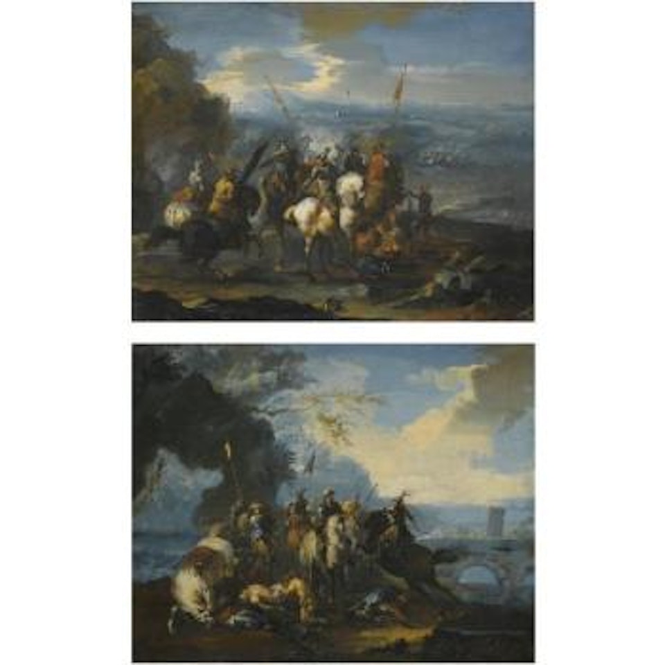 A Battle Scene With A Cavalry Party Before A Plain; A Battle Scene With A Cavalry Party Halted, With Its Wounded, Beside A Bridge by Venetian School