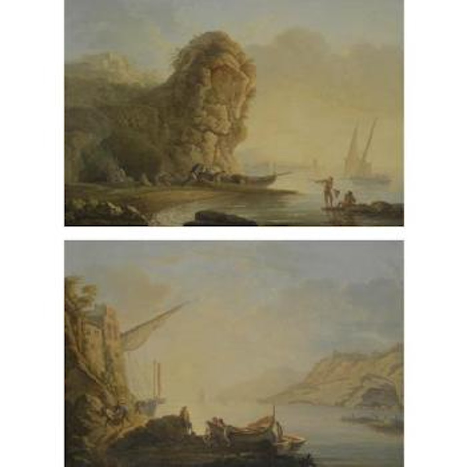 A Mediterranean Coastal Scene With Fishermen Pushing Their Boat Out To Sea; A Mediterranean Coastal Scene With Figures Unloading Cargo From A Ship by Carlo Bonavia