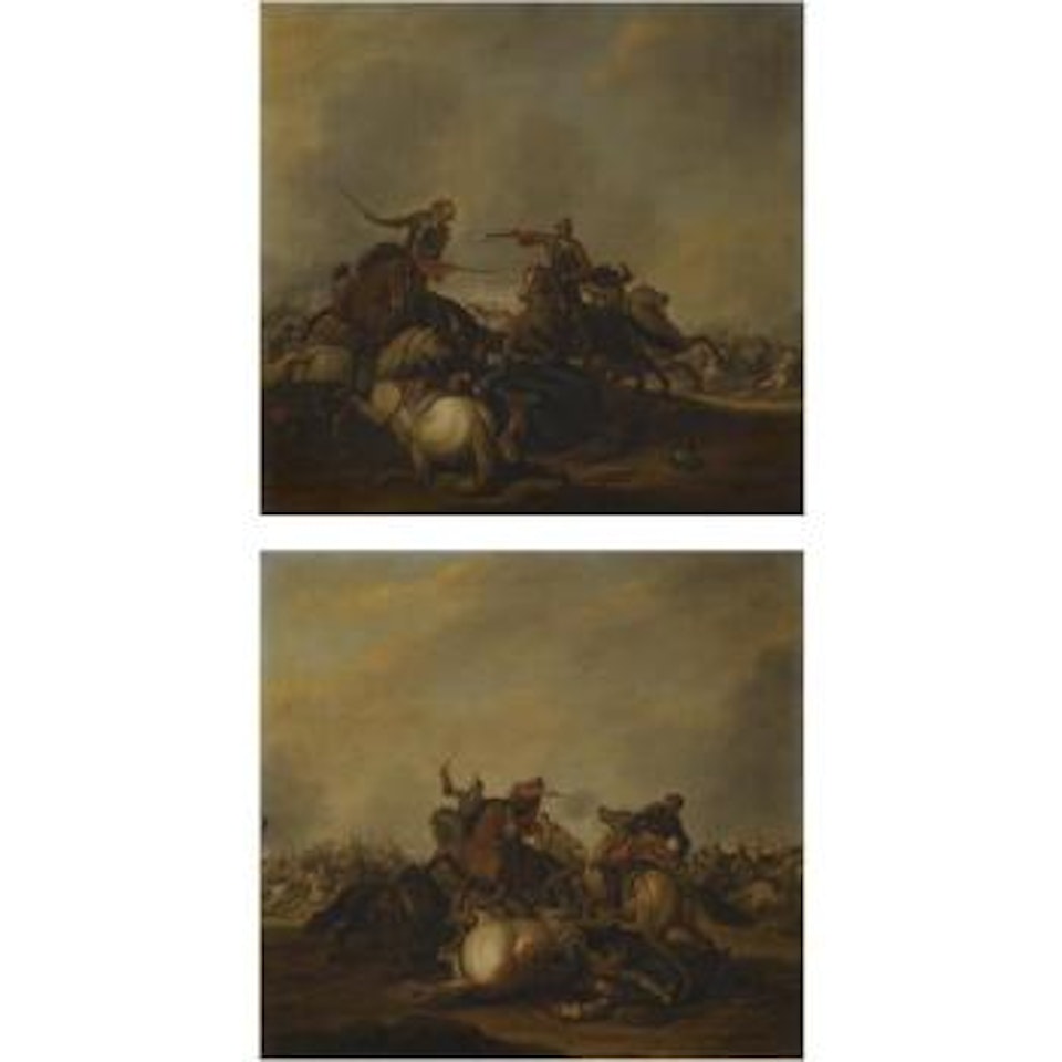 A Cavalry Battle With A Wounded Soldier In The Foreground; A Cavalry Battle With Two Fallen Horses In The Foreground by Dutch School