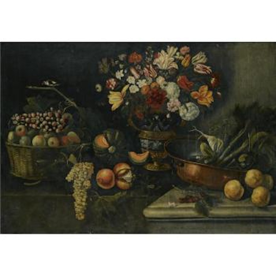 A Still Life With A Large Vase Of Flowers, Fruit In A Basket And Vegetables In A Copper Pan by Florentine School
