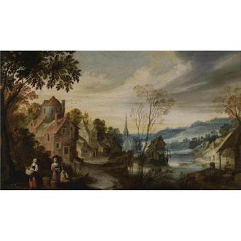A Fluvial Landscape With Figures Picking Apples, A Village Beyond by Joos de Momper the Younger