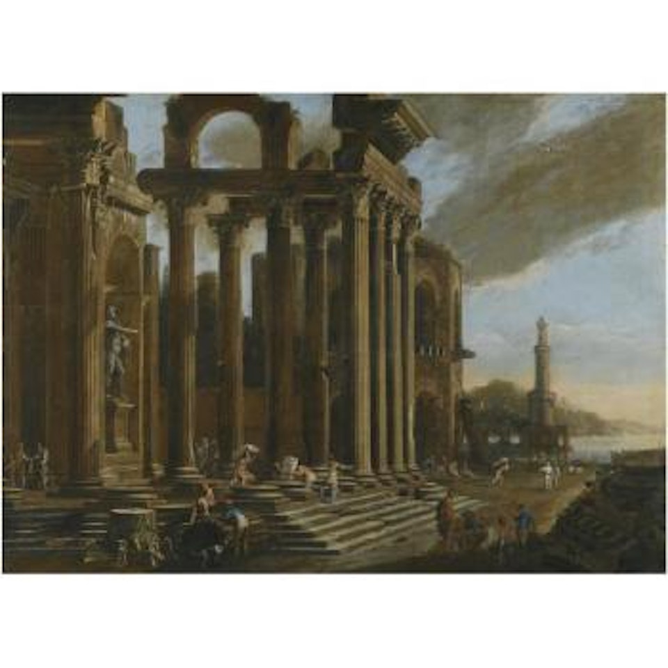 An Architectural Capriccio With Figures Amongst Classical Ruins, A Lighthouse Beyond by Viviano Codazzi