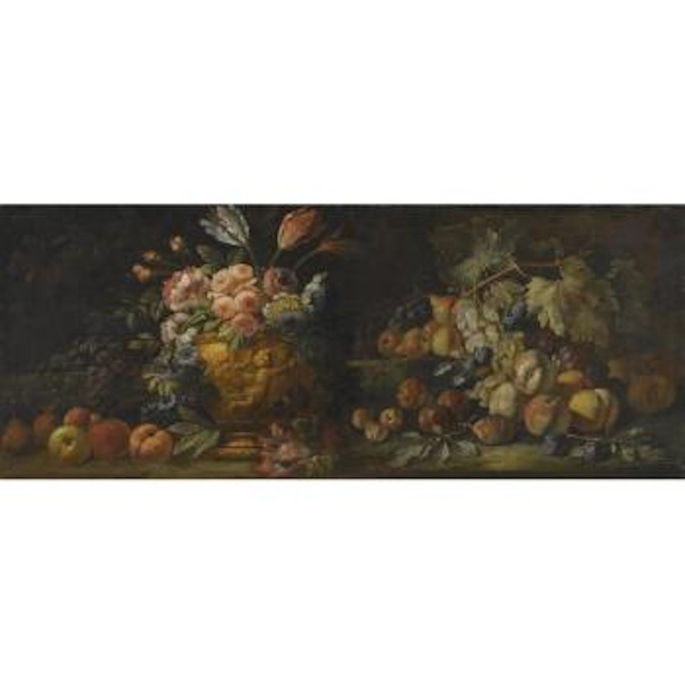 Still Life With Fruit Piled High And A Sculpted Urn Filled With Flowers by Abraham Brueghel