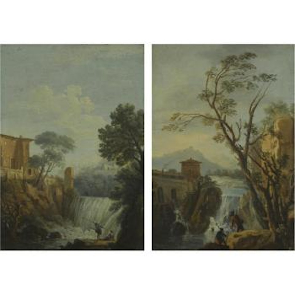 Two Roman Landscapes With Figures Beside A River, A Waterfall Beyond by Roman School
