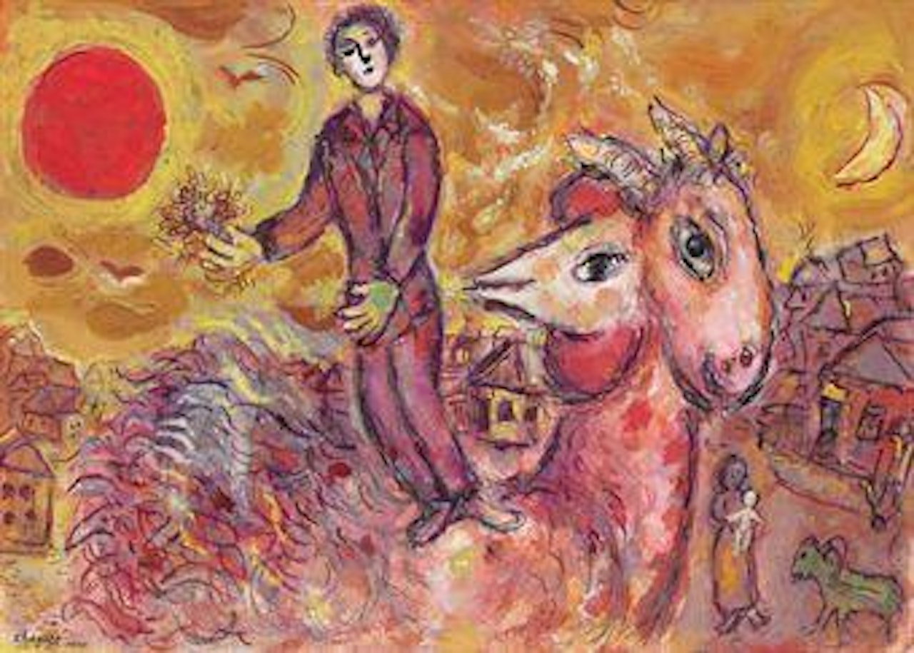 Coucher de soleil et coq au double-profil by Marc Chagall