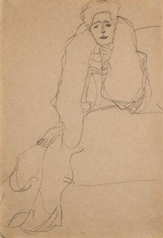 Sitzend nach links, den Oberkörper nach vorne, die Linke aufgestützt by Gustav Klimt