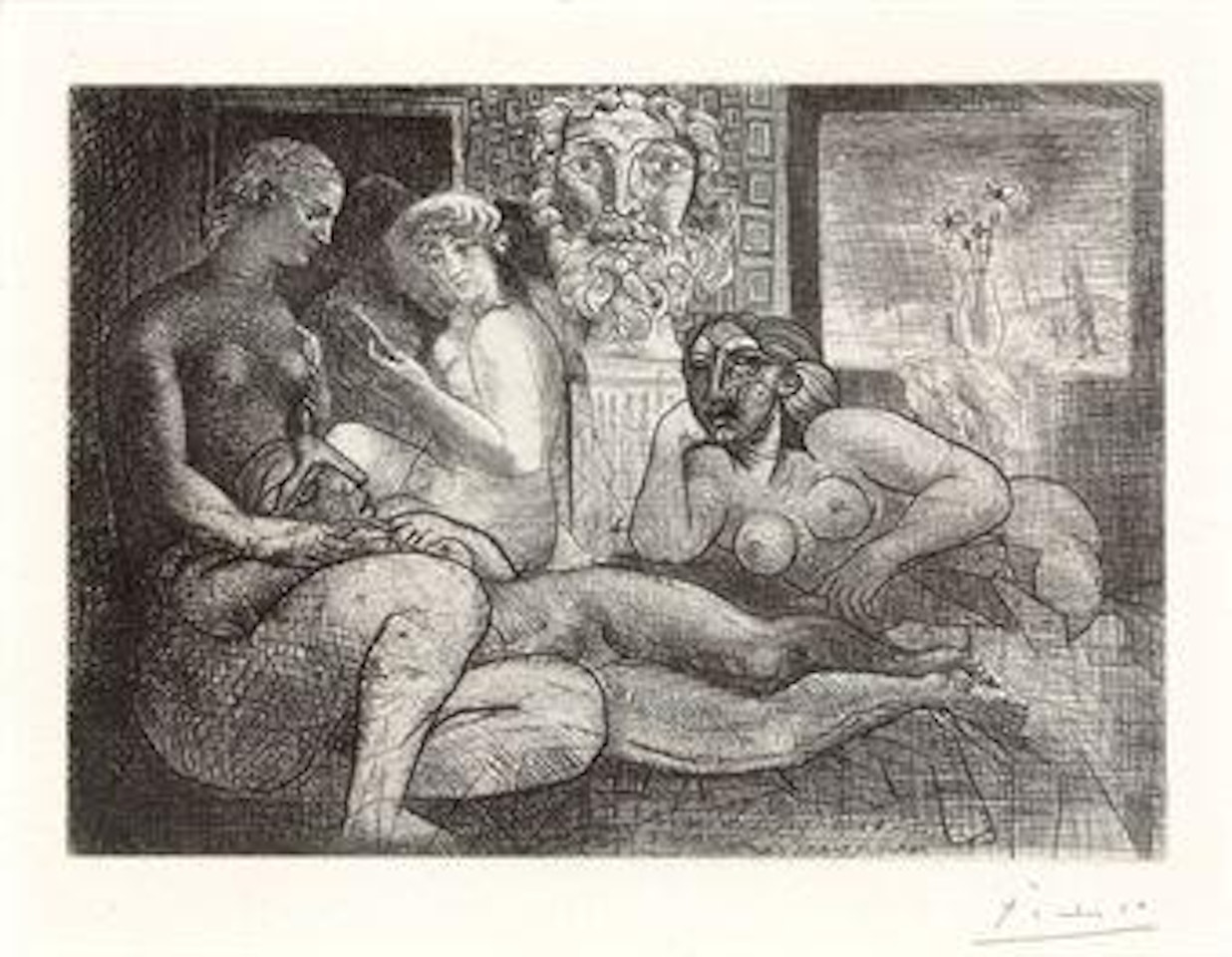 Quatre femmes nues et tÃªte sculptÃ©e, from La Suite Vollard (Bloch 219; Baer 424) by Pablo Picasso