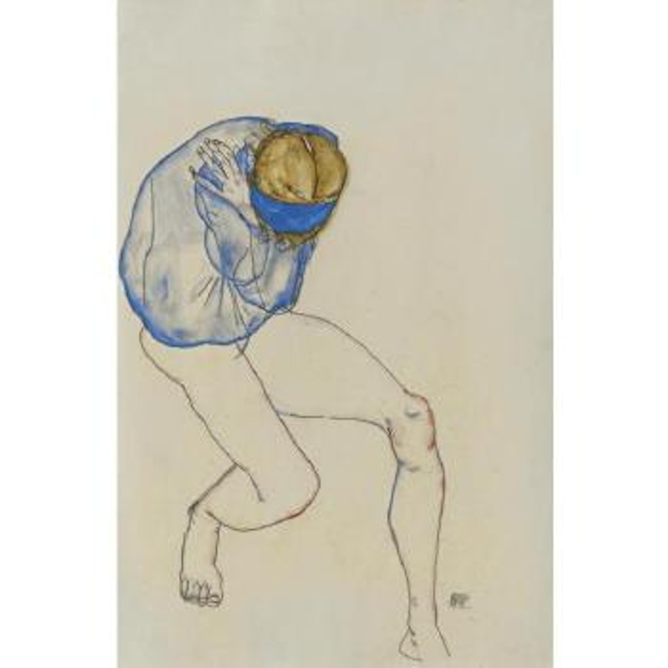 Blonder Mädchenhalbakt Mit Blauem Hemd Und Blauem Haarband (Semi-nude Blond Girl With Blue Shirt And Blue Headband) by Egon Schiele