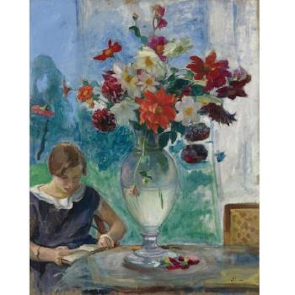 Jeune Fille Lisant Et Vase De Fleurs by Henri Lebasque
