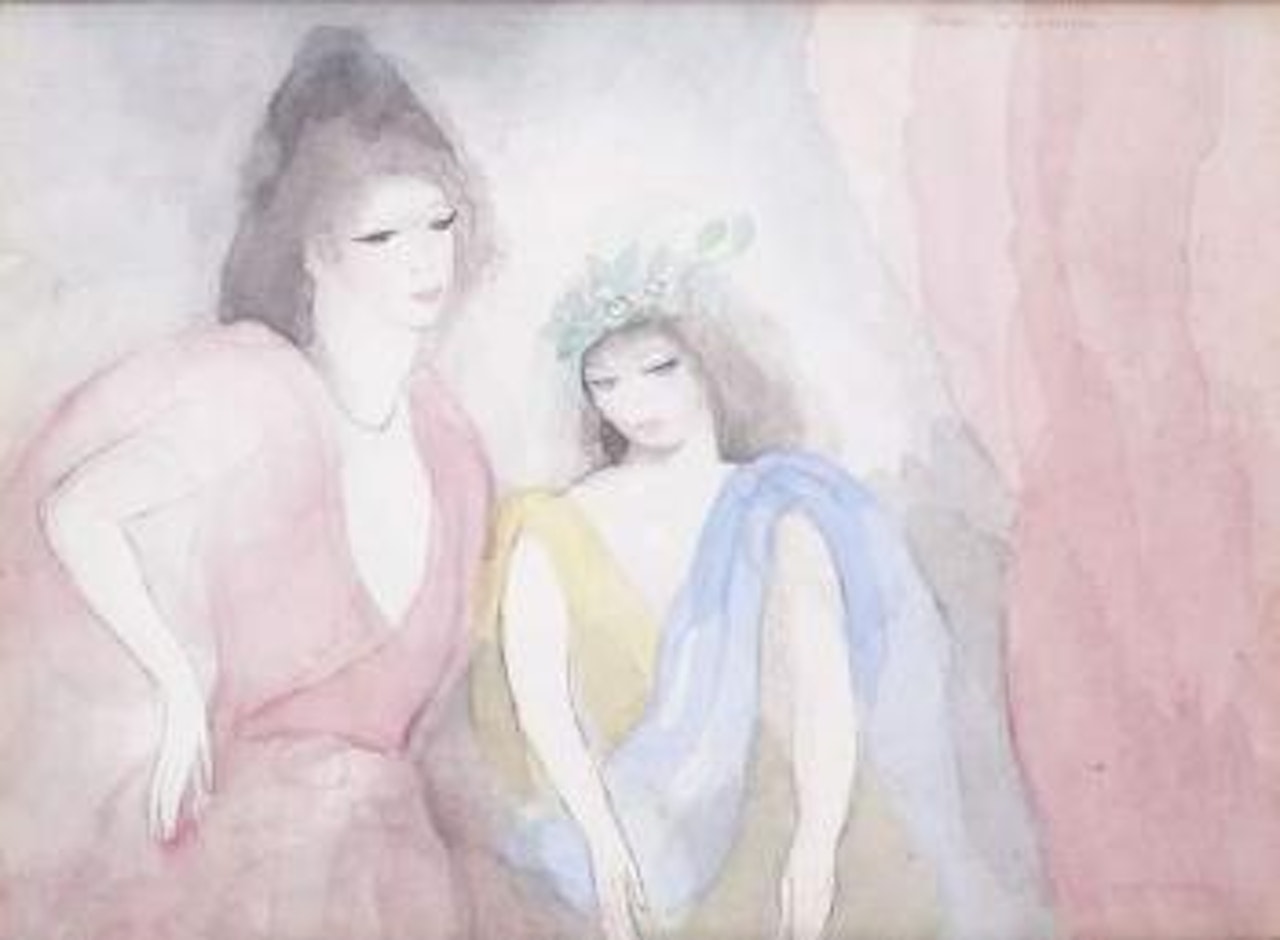 Jeune femme et jeune fille auprès d'un rideau rose by Marie Laurencin