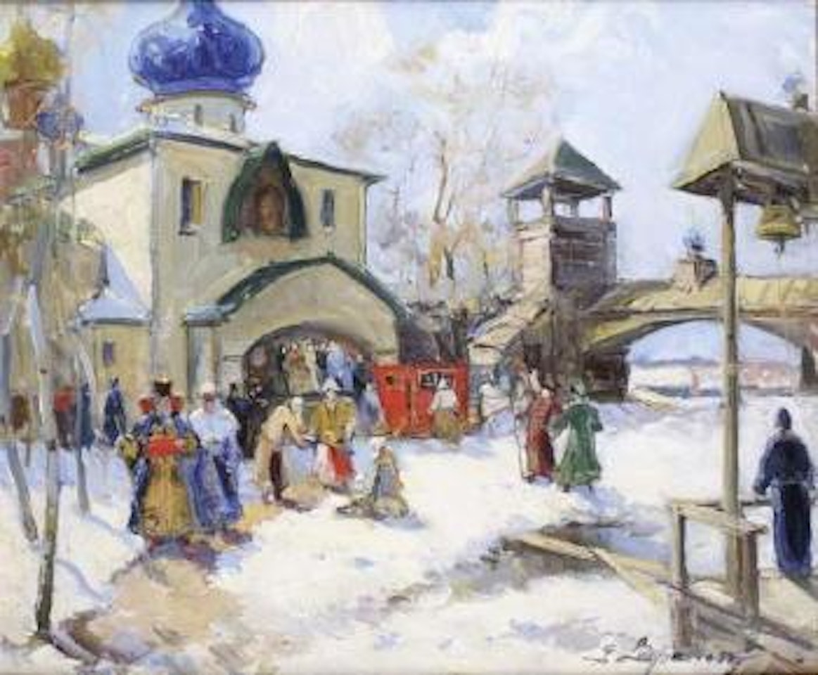 Place animée devant l'église by Georgij Aleksandrovic Lapschin