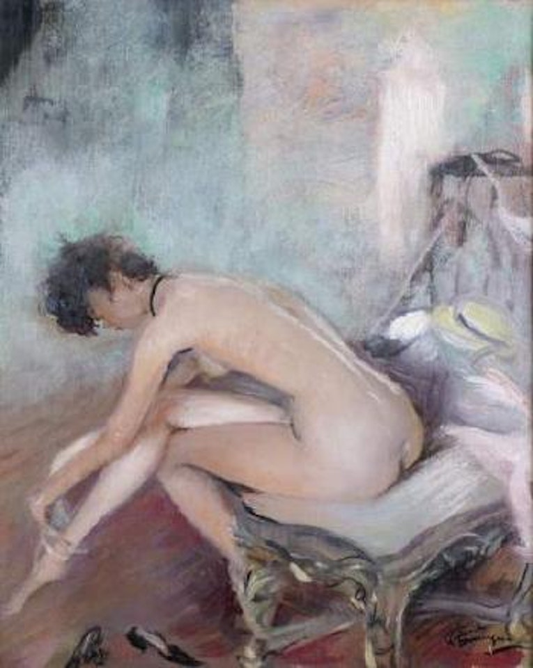 Jeune femme enfilant ses bas by Jean Gabriel Domergue
