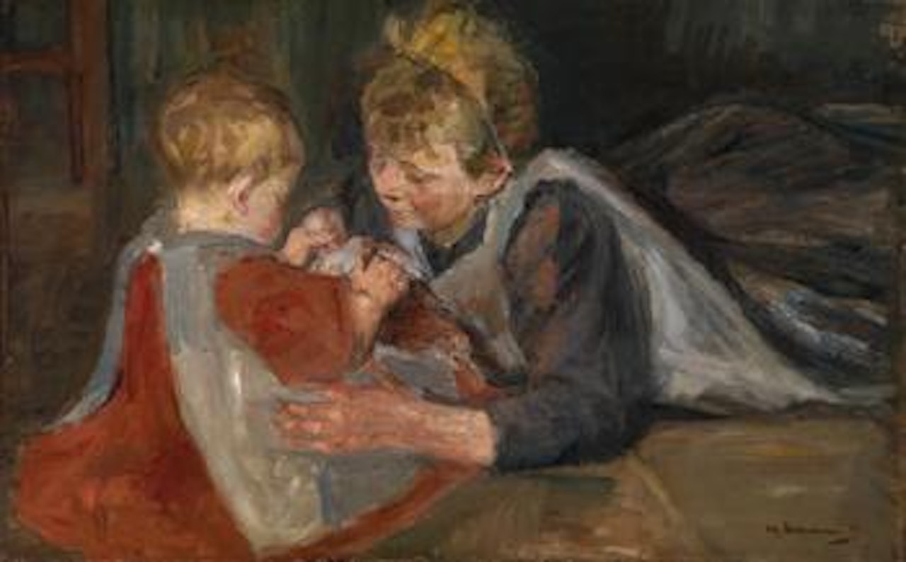Children playing - interior with two small girls by Max Liebermann