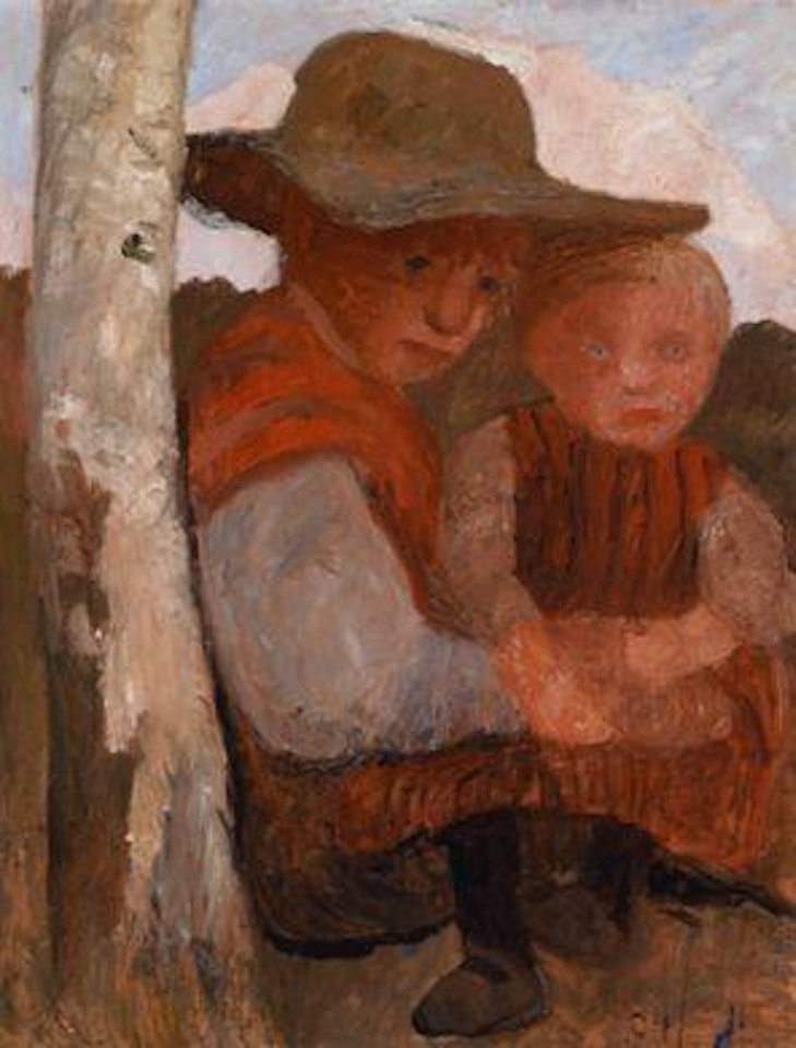 Seated girl with a straw hat with a child in her lap by Paula Modersohn-Becker