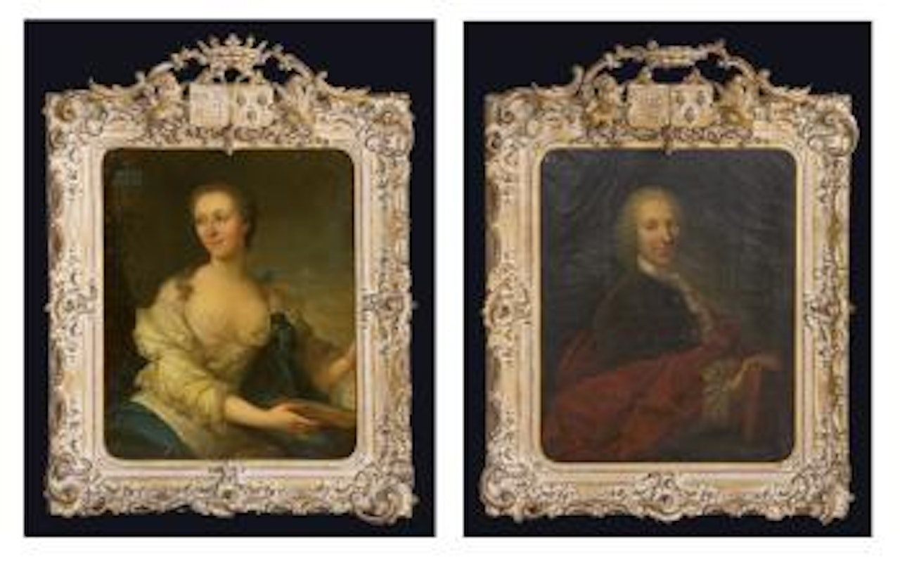 Portrait de femme a la partition de musique. Portrait de gentilhomme by French School