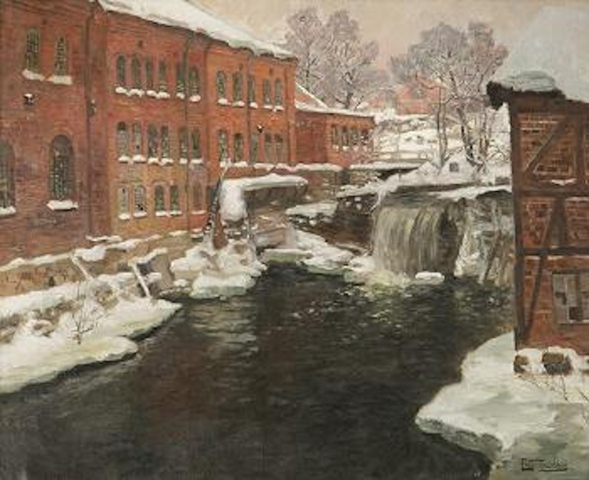 Fabrikker i sne, Akerselven by Fritz Thaulow