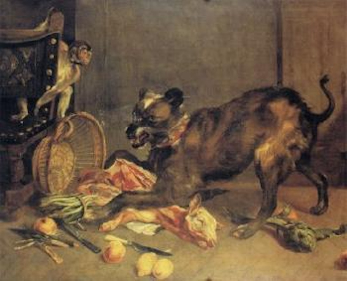 Chien poursuivant un singe dans une cuisine by Frans Snyders