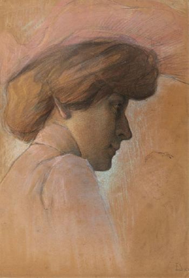 Profile Portrait of a Woman in Pink Dress and Hat, Sketch of a Male Bust by Egon Schiele