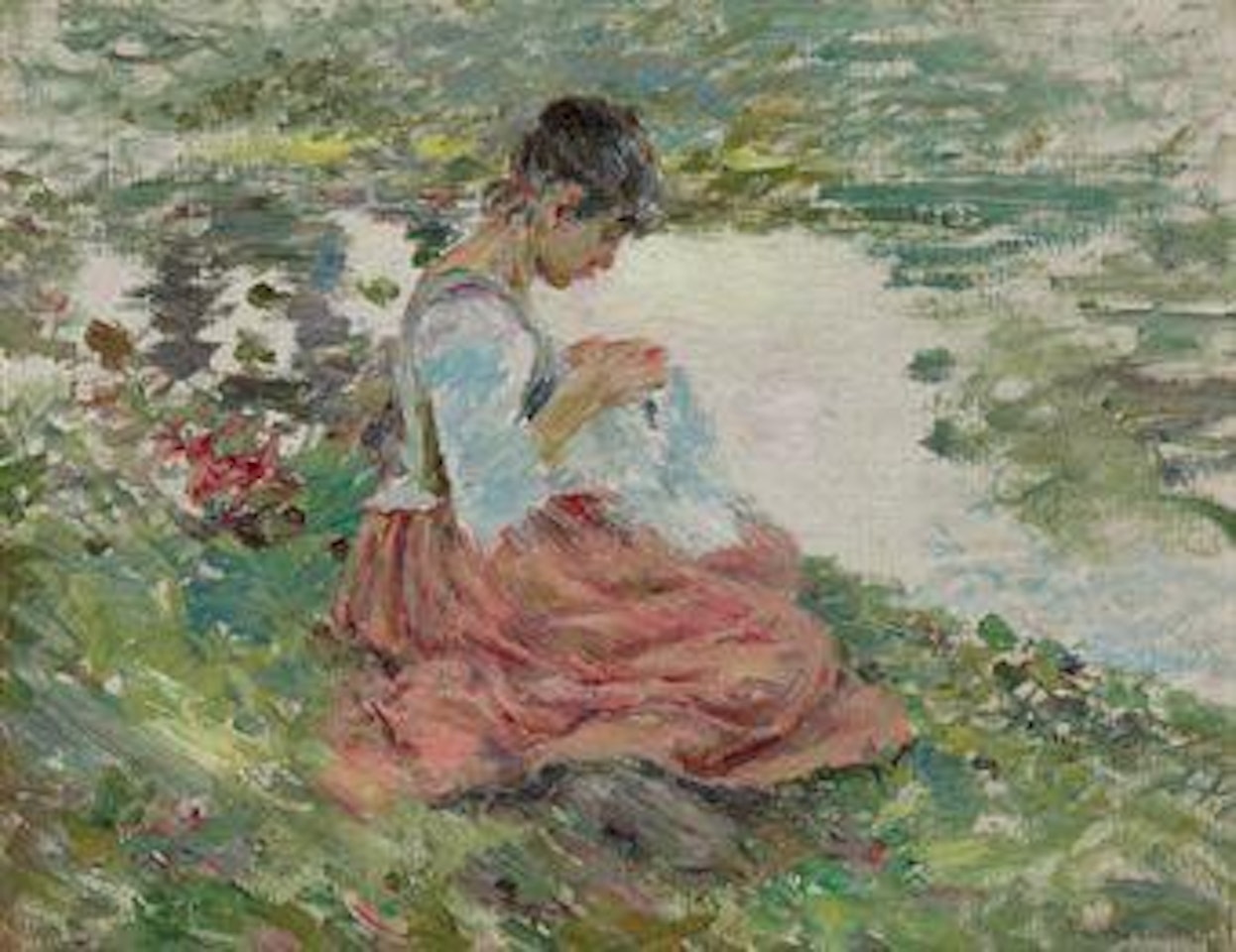 Girl Sewing by River by Theodore Robinson