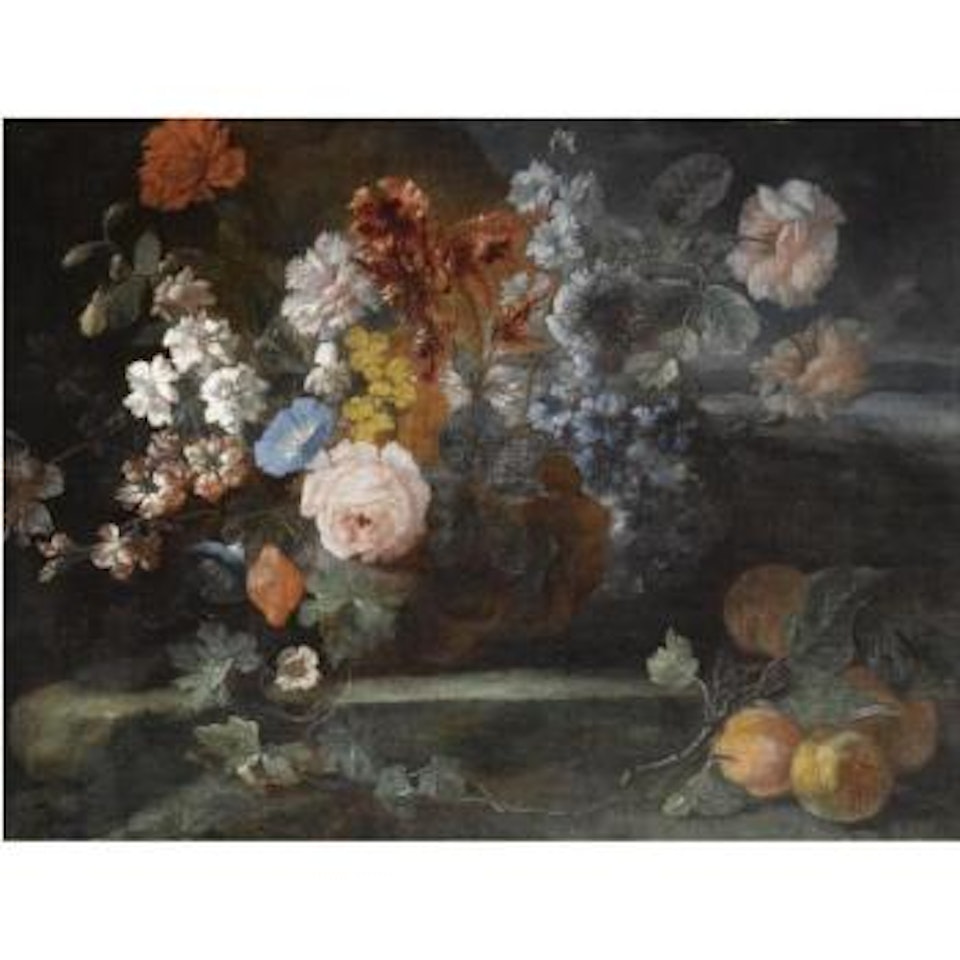 Still Life Of Roses, Morning Glory, Carnations, Forget-me-nots And Other Flowers On A Stone Ledge, Together With A Bunch Of Peaches by Franz Werner von Tamm