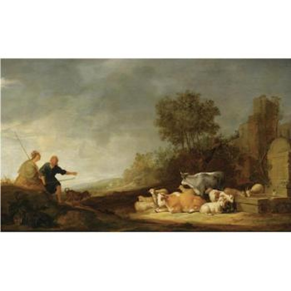 A Southern Landscape With A Shepherd And A Shepherdess Resting With Their Cattle By A Watering Place, Ruins Beyond by Nicolaes Pietersz Berchem