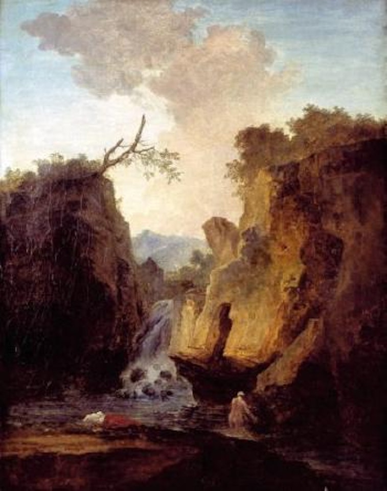 Paysage montagneux avec cascade, une baigneuse by Hubert Robert