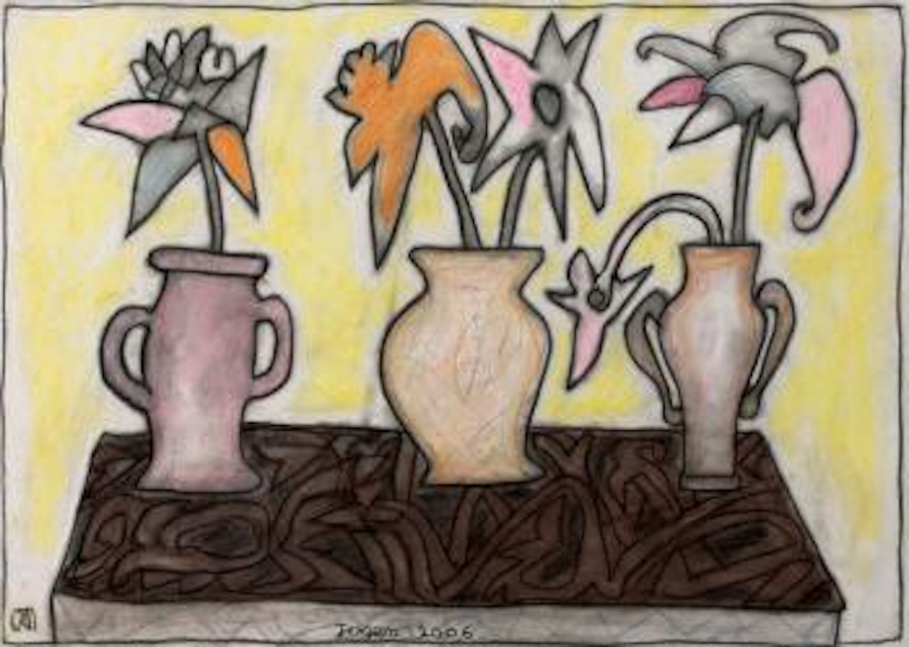 Three flower vases on a table by Jogen Chowdhury