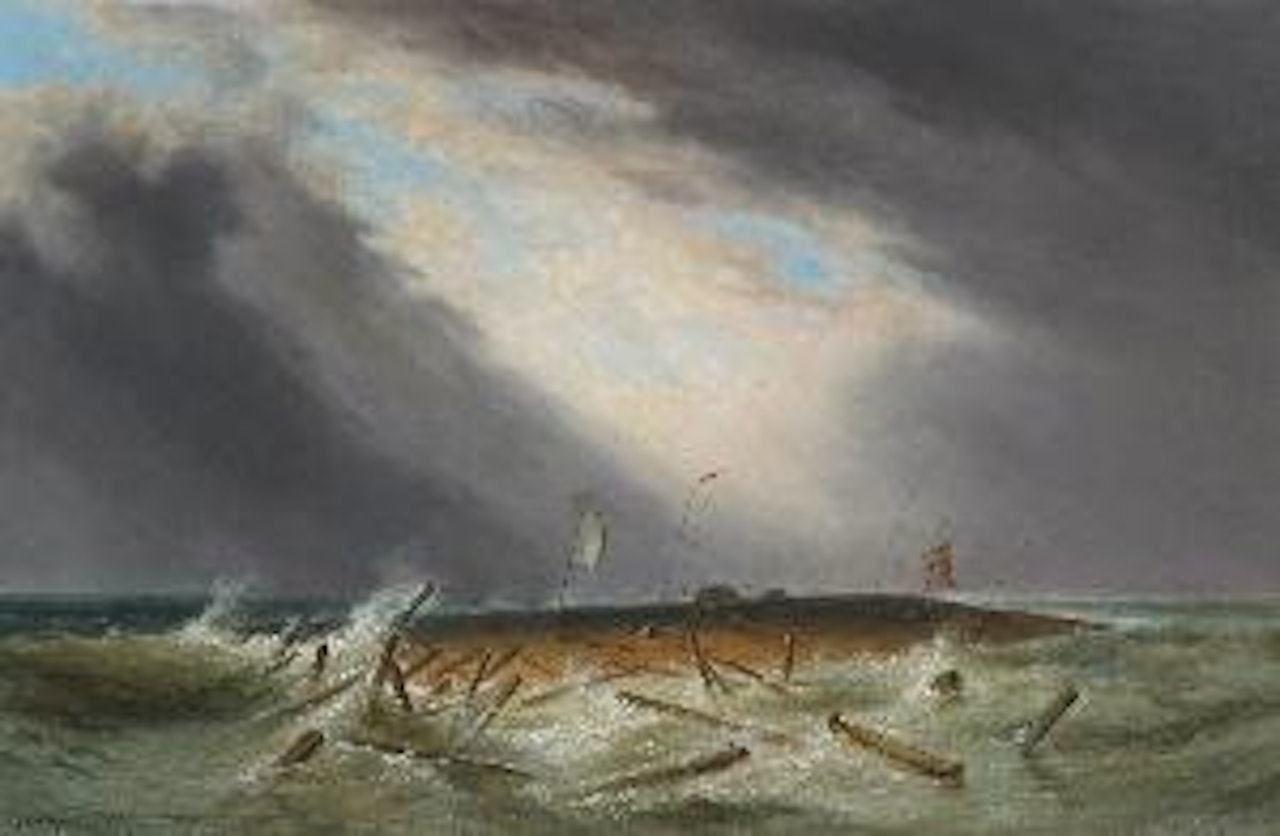 Lumber raft on the St. Lawrence by Cornelius Krieghoff