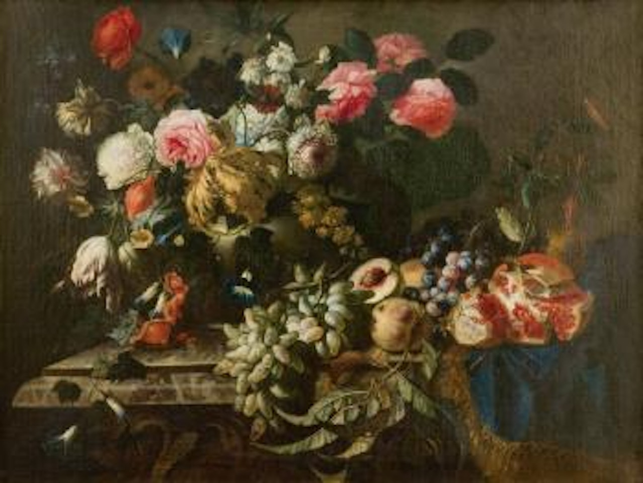 Nature morte au vase de fleurs et fruits sur un entablement by Abraham Brueghel