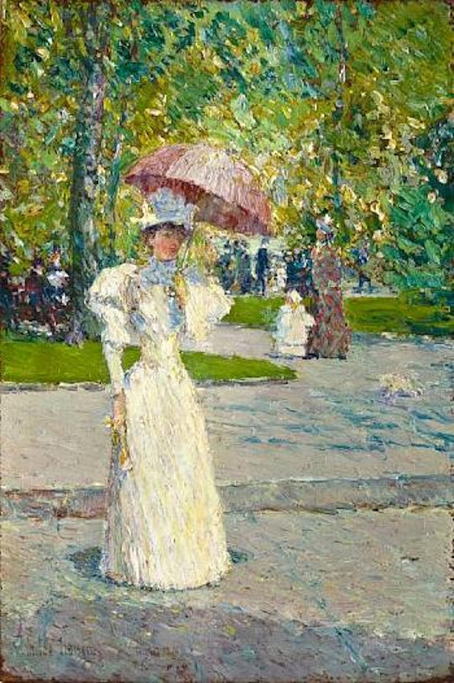 Woman with a parasol in park by Childe Hassam