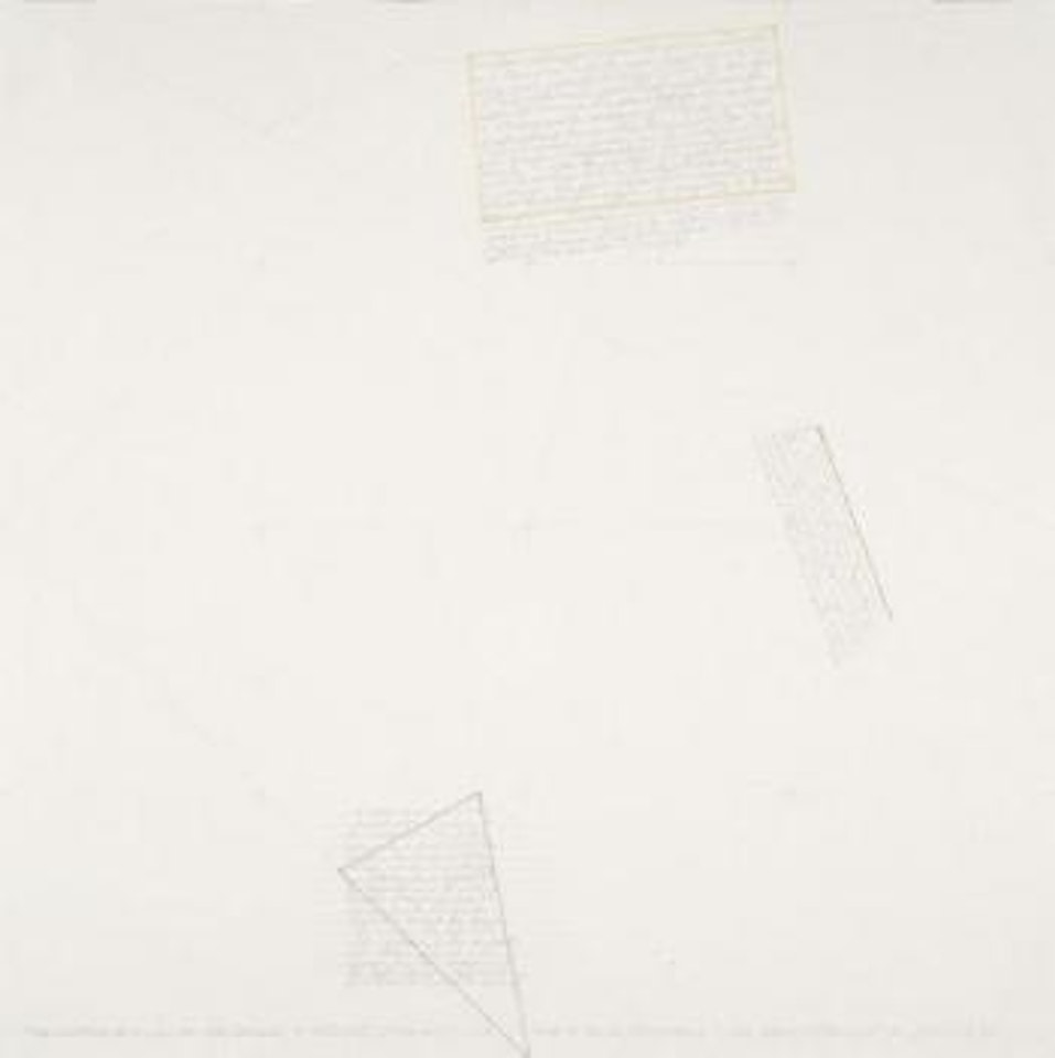 The location of a yellow rectangle a red not-straight line in a blue triangle by Sol LeWitt