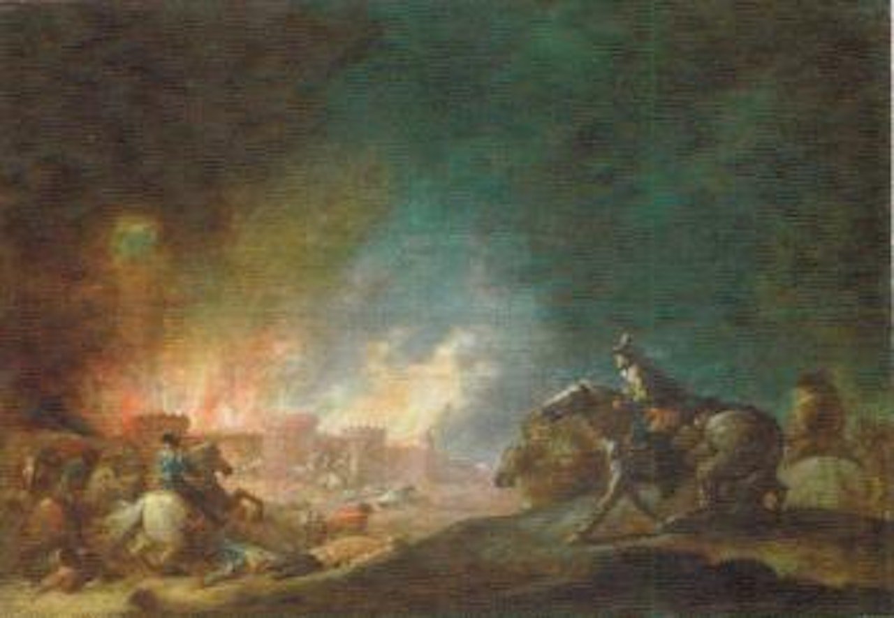 Cavaliers devant une citadelle en feu by Francesco Giuseppe Casanova