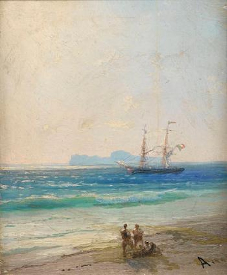 A view of Capri from the Italian mainland, with an Italian brig anchored offshore by Ivan Konstantinovich Aivazovsky