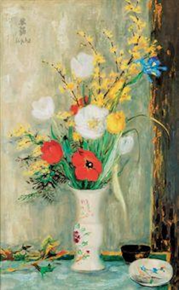 Tulipes, mimosas et iris dans un vase (Tulip, mimosa and iris in a vase) by Le Pho