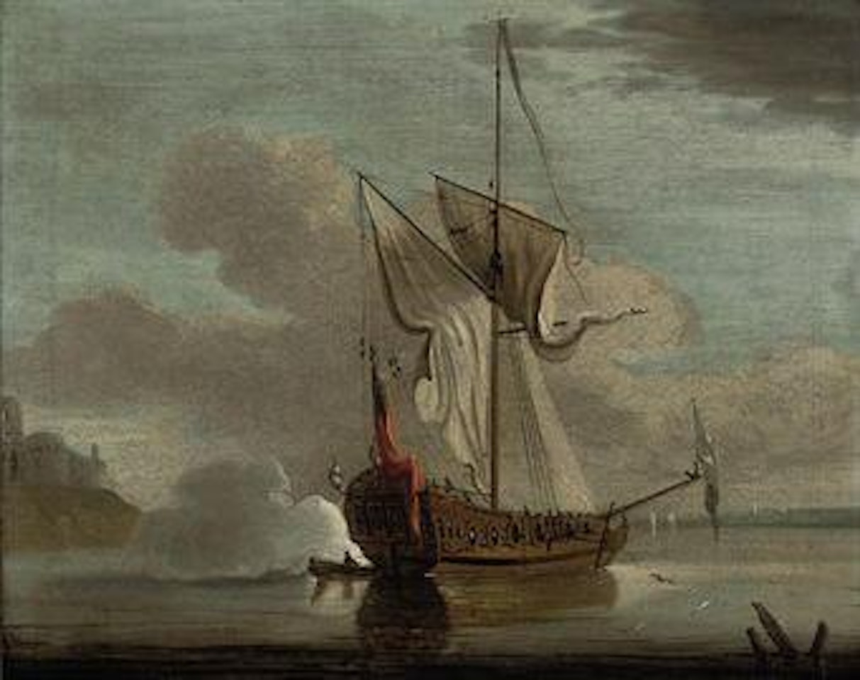 An Admiralty yacht firing a salute off Upnor Castle on the Medway by Francis Swaine