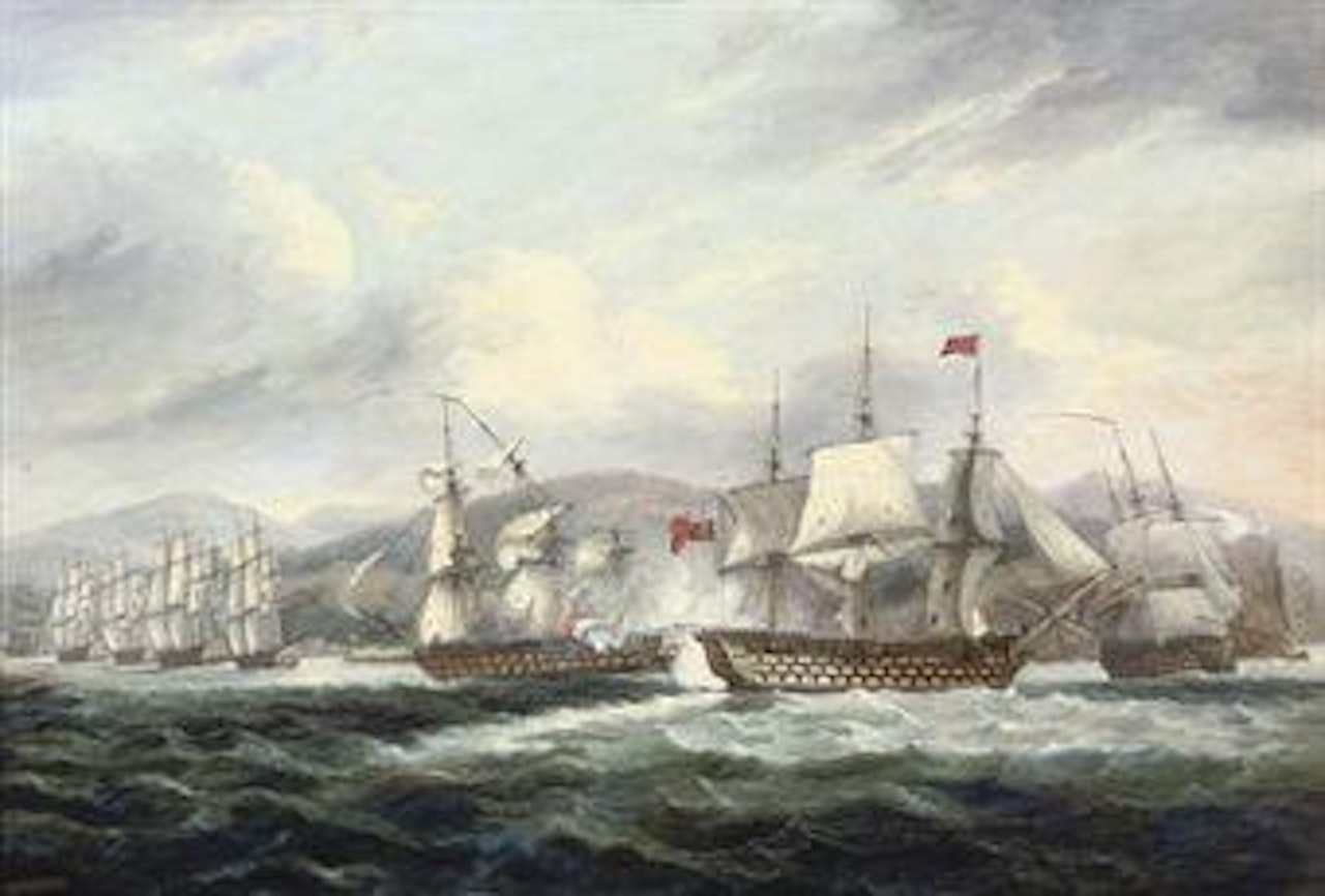 HMS Caledonia, 120-guns, bearing Vice-Admiral Sir Edward Pellew's flag and the Boyne, 98-guns, Captain Burlton, engaging the French '74' Romulus at the rear of the enemy's squadron off Toulon, 13th February 1814 by Thomas Luny