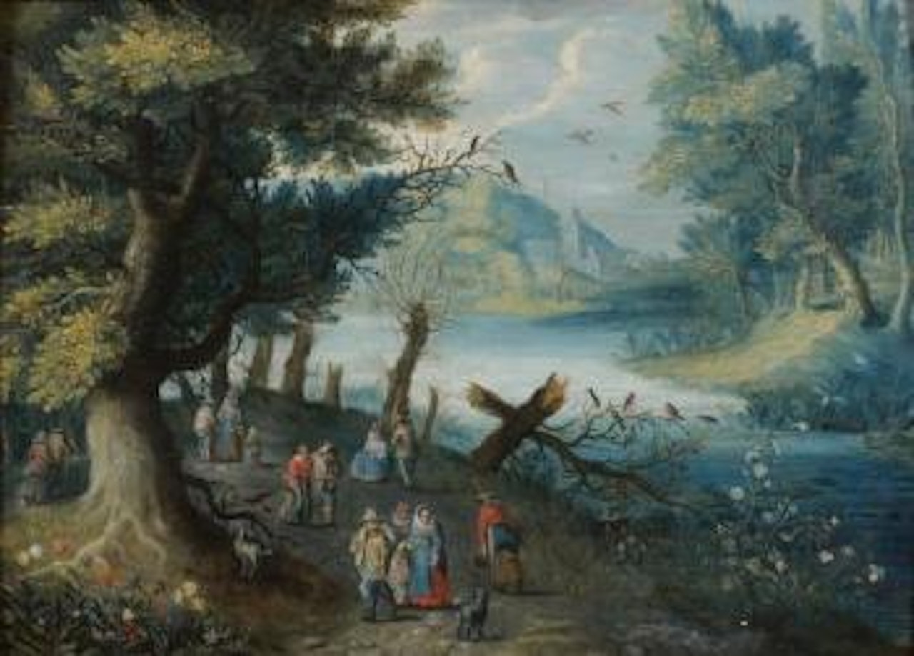 Promeneurs le long d'une rivière by Balthasar Beschey by Flemish School