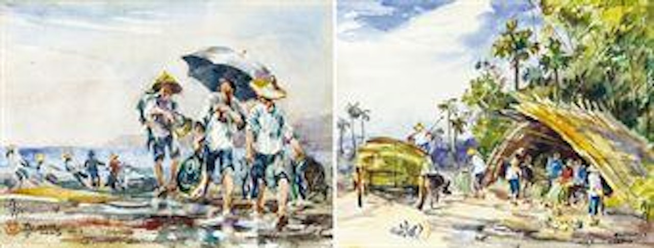 Fishing Harvest; & Village by Ran In-Ting (Lan Yinding)