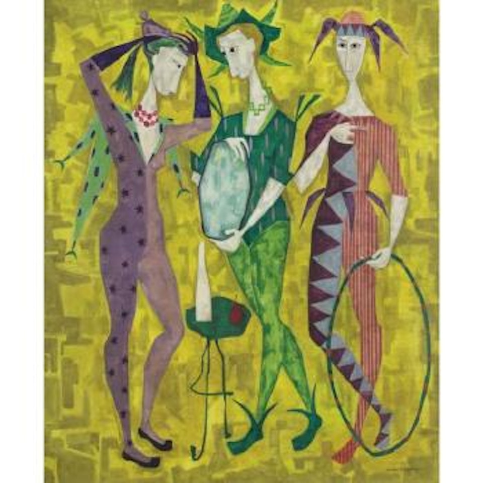 Tres Arlequines Con Fondo Amarillo by Cundo Bermudez