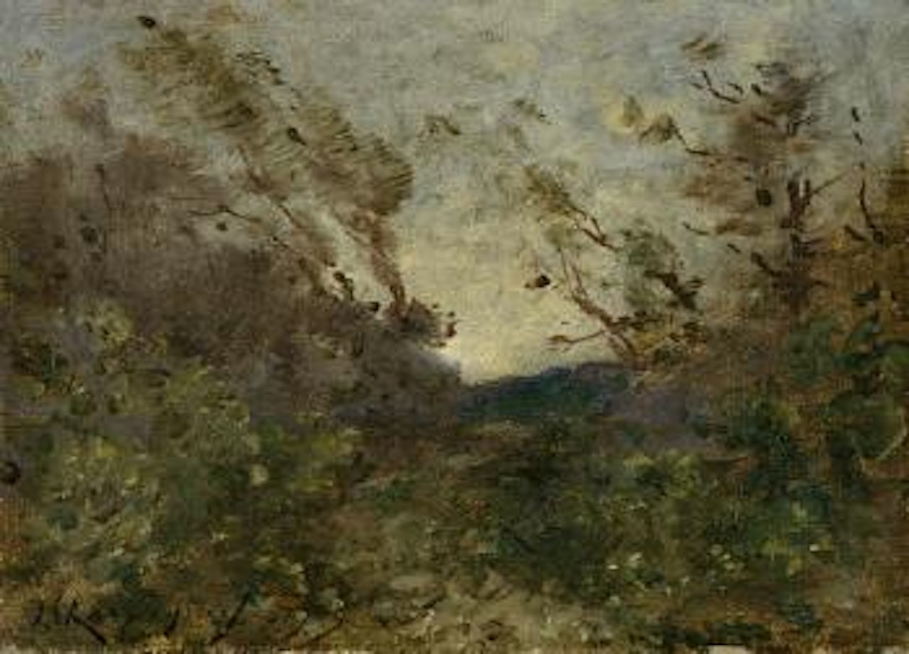 Herbstliches Waldstuck bei Sturm by Henri Harpignies