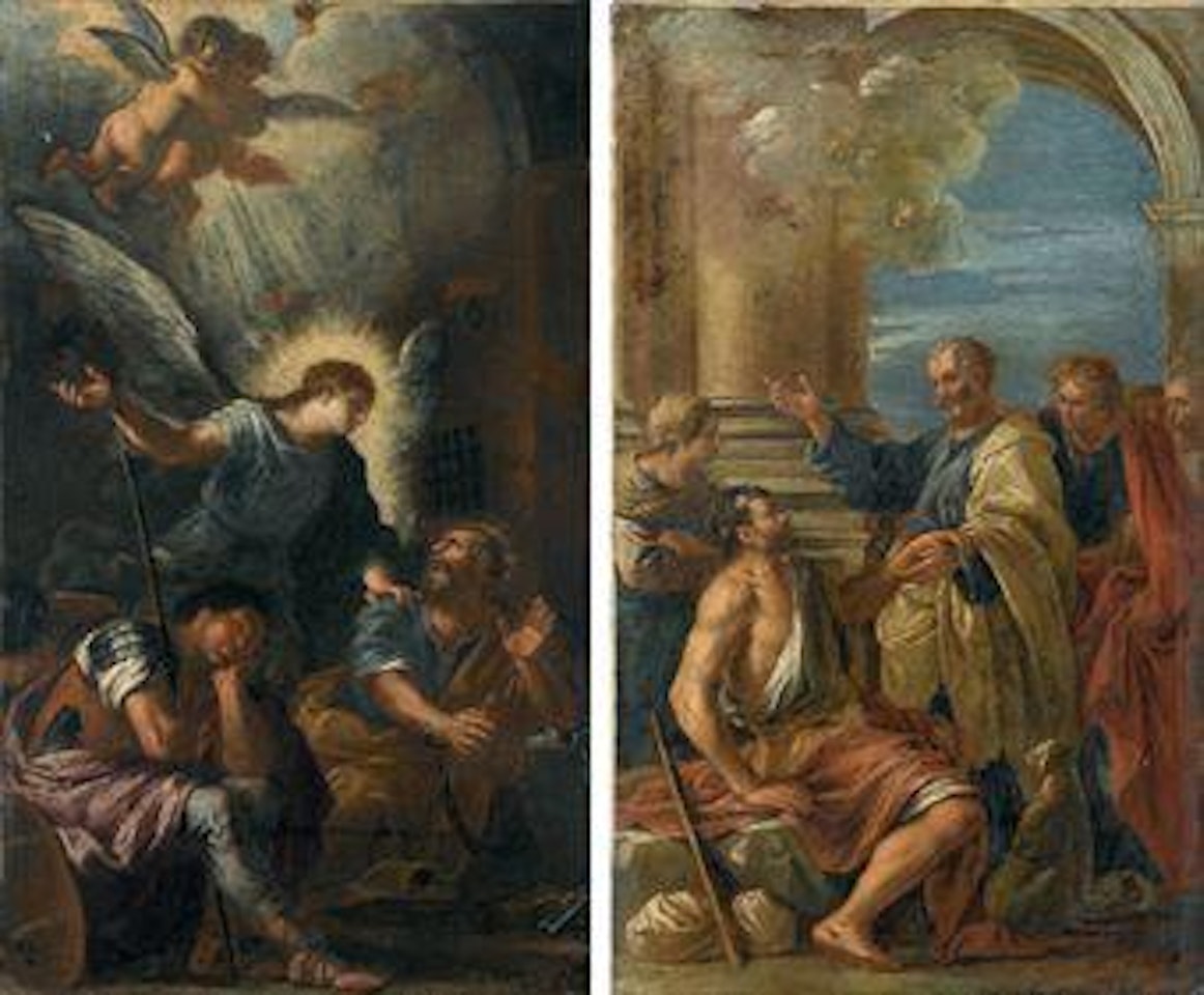 San Pietro liberato dal carcere; e Miracolo di San Pietro by Roman School
