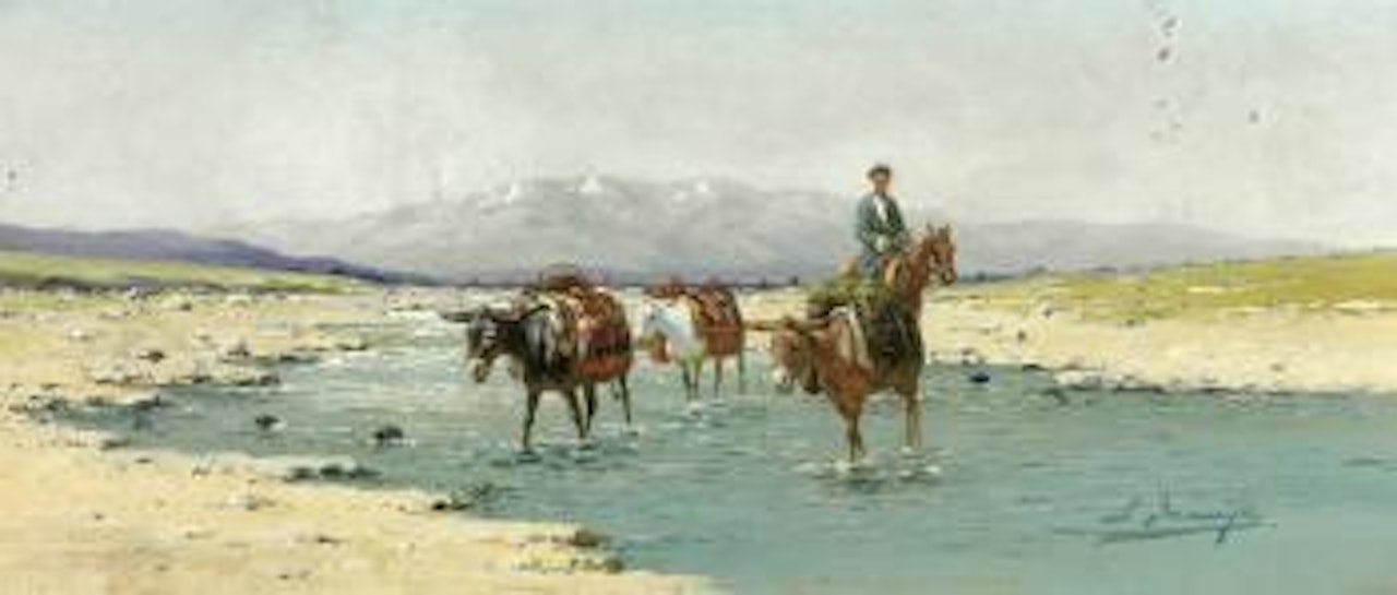 Kaukasische Landschaft mit Eseltreiber an der Jora in Kachetien (Georgien) by Richard Karlovich Zommer