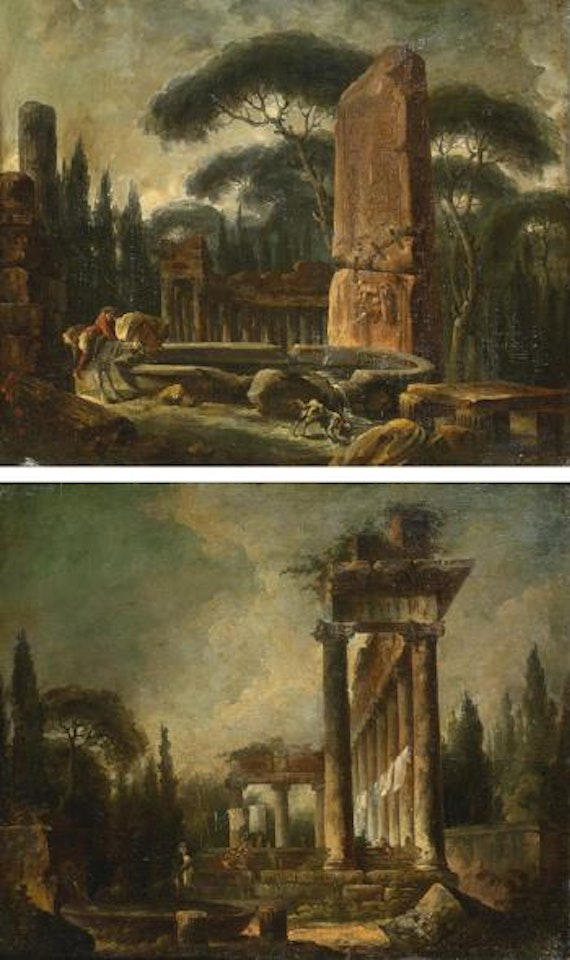 Caprice représentant le temple de Saturne au forum de Rome. Caprice de ruines architecturales avec une fontaine et un obélisque animés d'un cavalier et de son chien by Hubert Robert