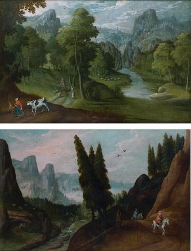 Paysage montagneux avec une rivière animé de cavaliers. Paysage montagneux avec une rivière animé de cavaliers et de promeneurs by Tobias Verhaecht
