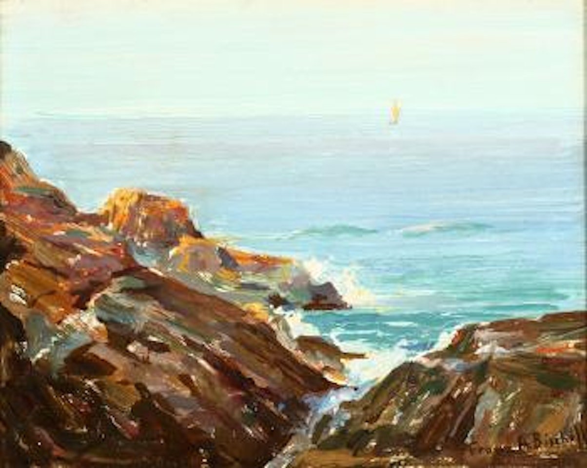 California coastal with sailboat by Franz A Bischoff