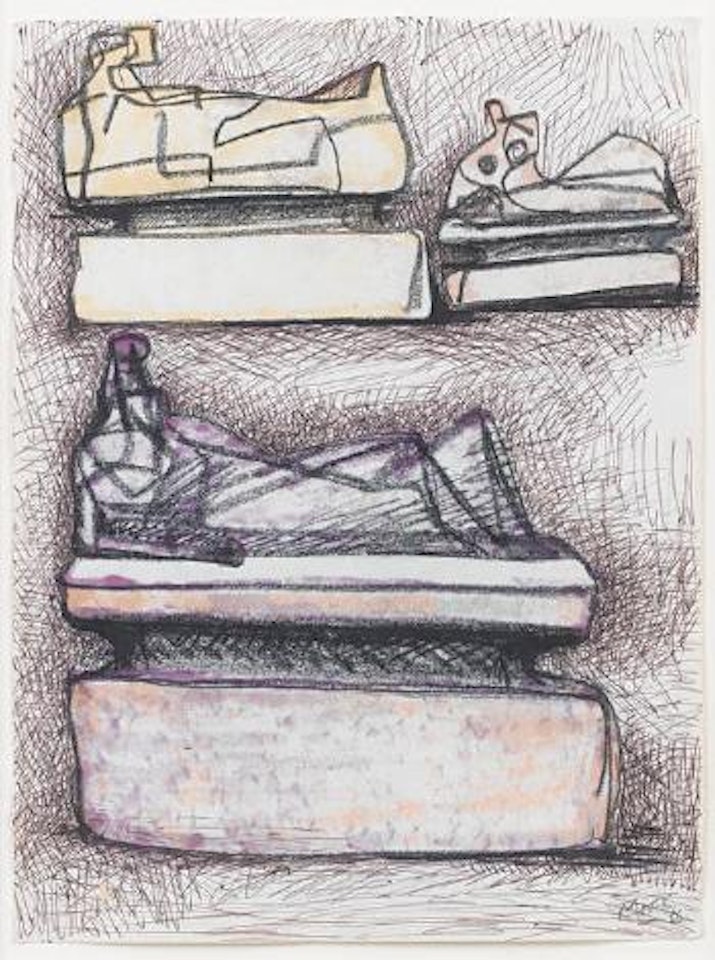 Three reclining figures on pedestals by Henry Moore