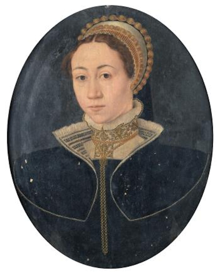 Portrait of a lady, bust-length, in black costume and a black and white mantel, with a gold necklace and an embroidered headdress by Netherlandish School